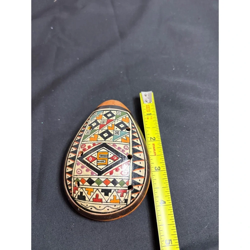 Hand Painted Clay Ocarina‎ Whistle Wind Instrument Folk Art Geometric Design